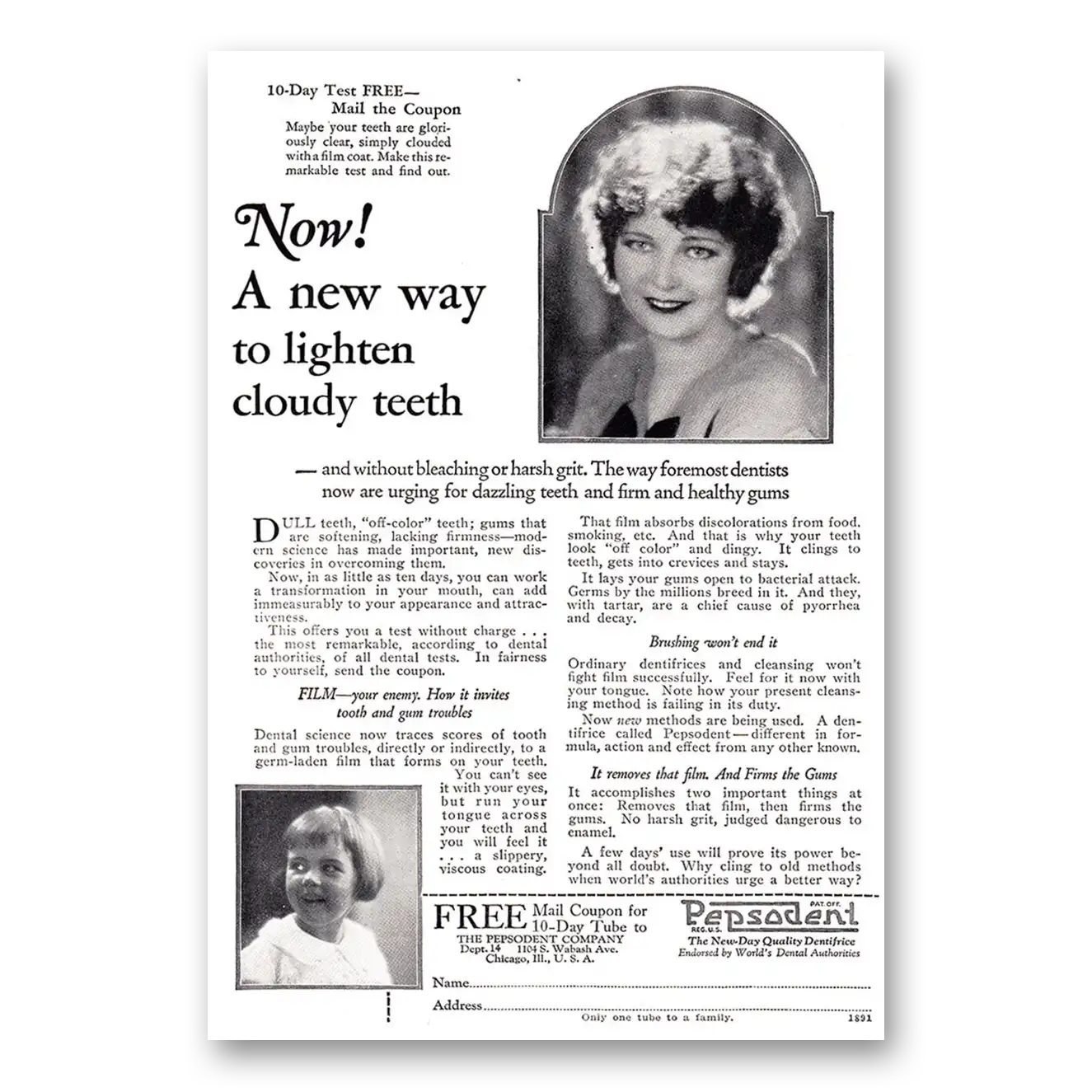 1925 Pepsodent New Way to Lighten Cloudy Teeth Vintage Magazine Print Ad