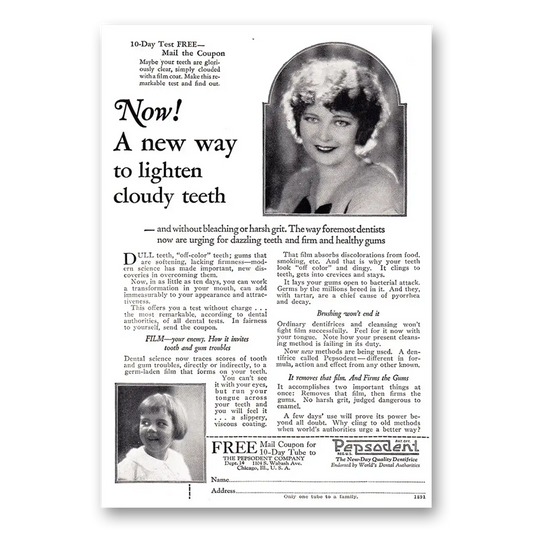 1925 Pepsodent New Way to Lighten Cloudy Teeth Vintage Magazine Print Ad