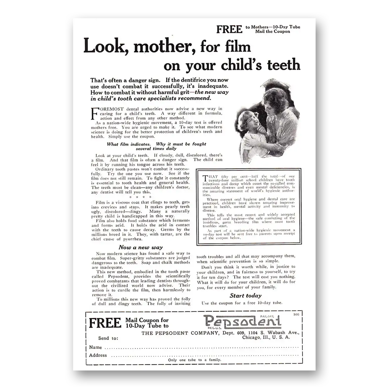 1925 Pepsodent Look Mother For Film On Your Childs Teeth Vintage Magazine Print Ad