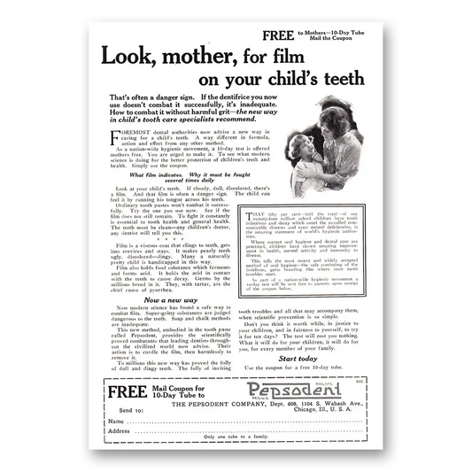 1925 Pepsodent Look Mother For Film On Your Childs Teeth Vintage Magazine Print Ad