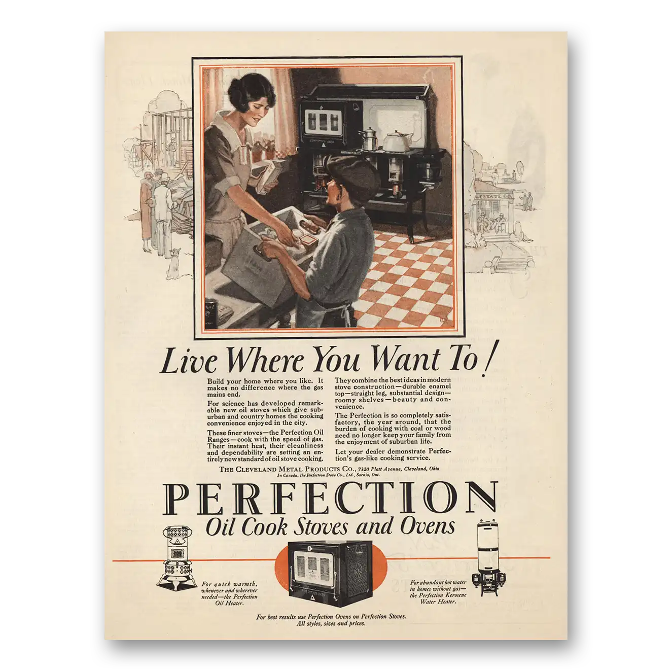 1925 Perfection Stove Live Where You Want To Vintage Magazine Print Ad