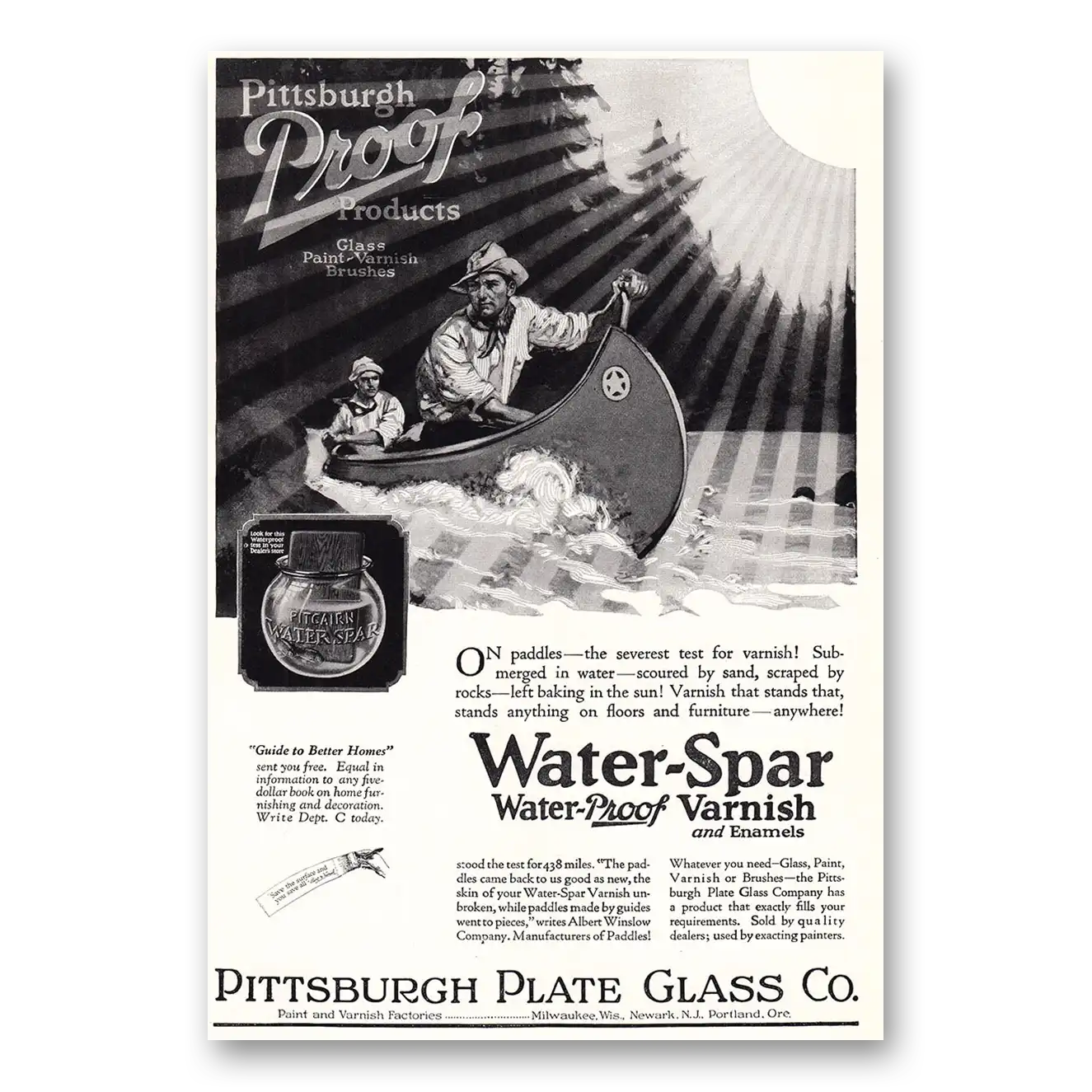 1925 PPG Pittsburgh Plate Glass Water Spar On Paddles Canoe Vintage Magazine Print Ad