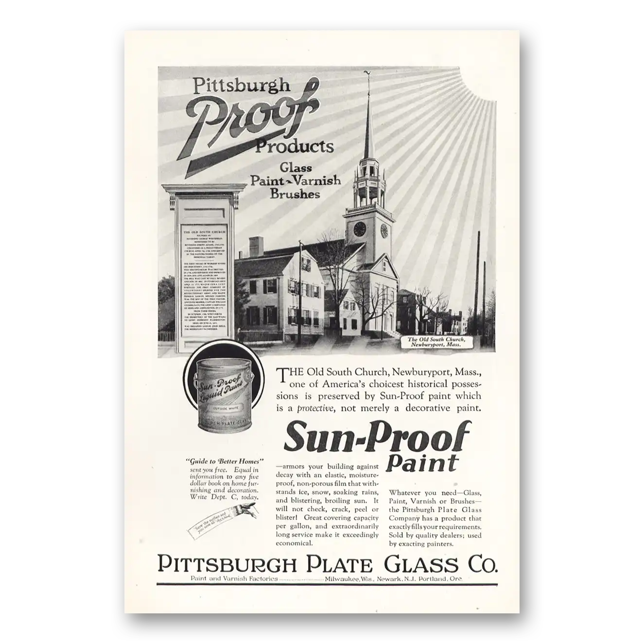 1925 PPG Pittsburgh Plate Glass Old South Church Newburyport Massachusetts Vintage Magazine Print Ad