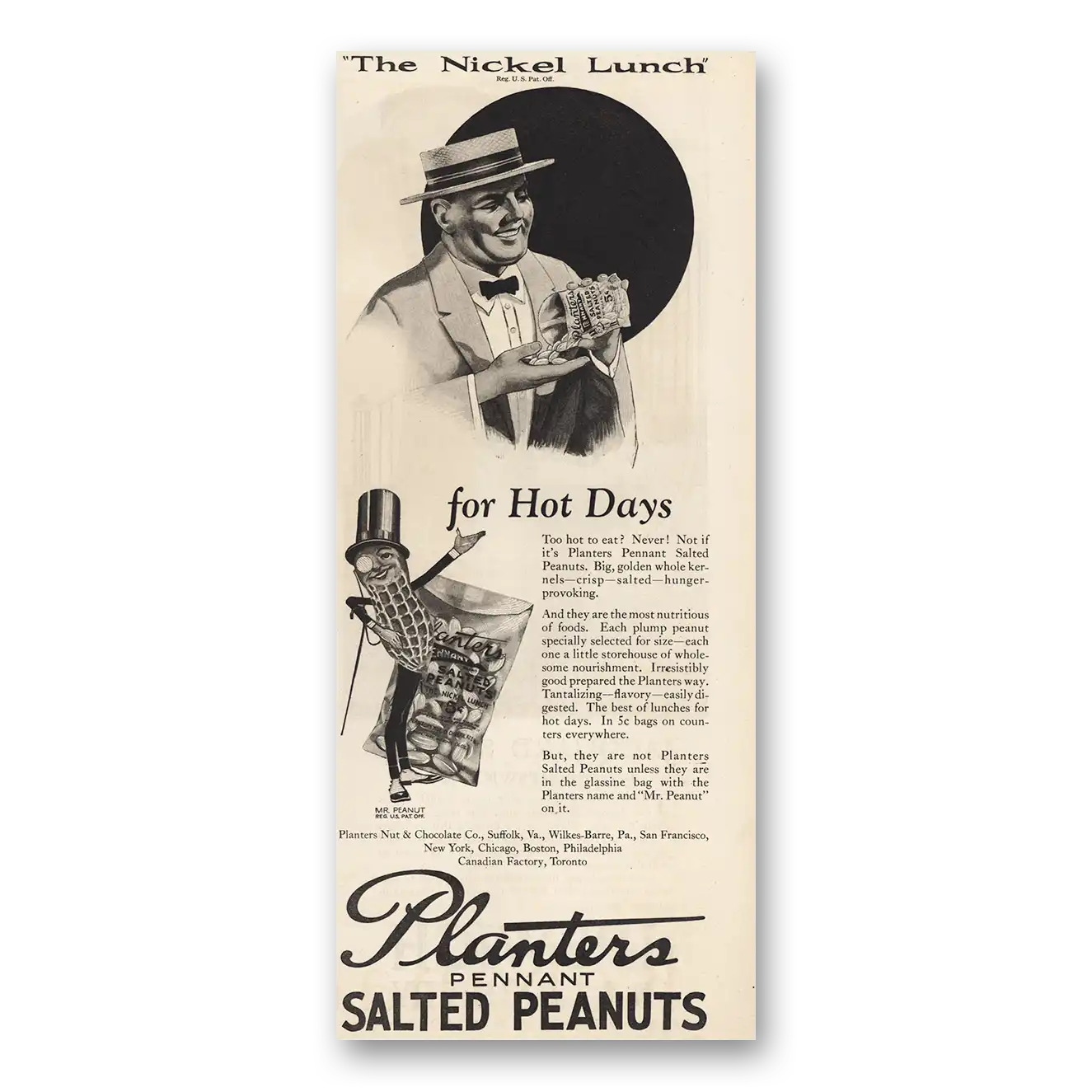 1925 Planters Peanuts Nickel Lunch for Hot Days Vintage Magazine Print Ad