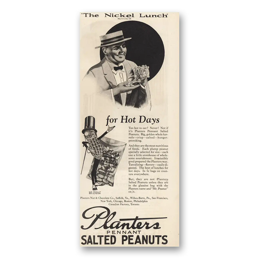 1925 Planters Peanuts Nickel Lunch for Hot Days Vintage Magazine Print Ad