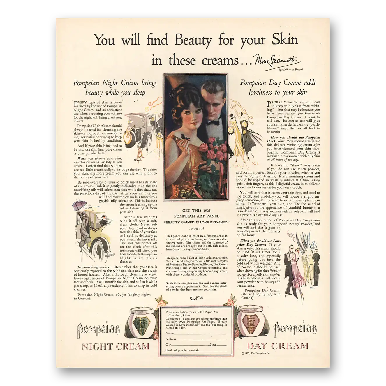 1925 Pompeian Creams Beauty for Your Skin Vintage Magazine Print Ad