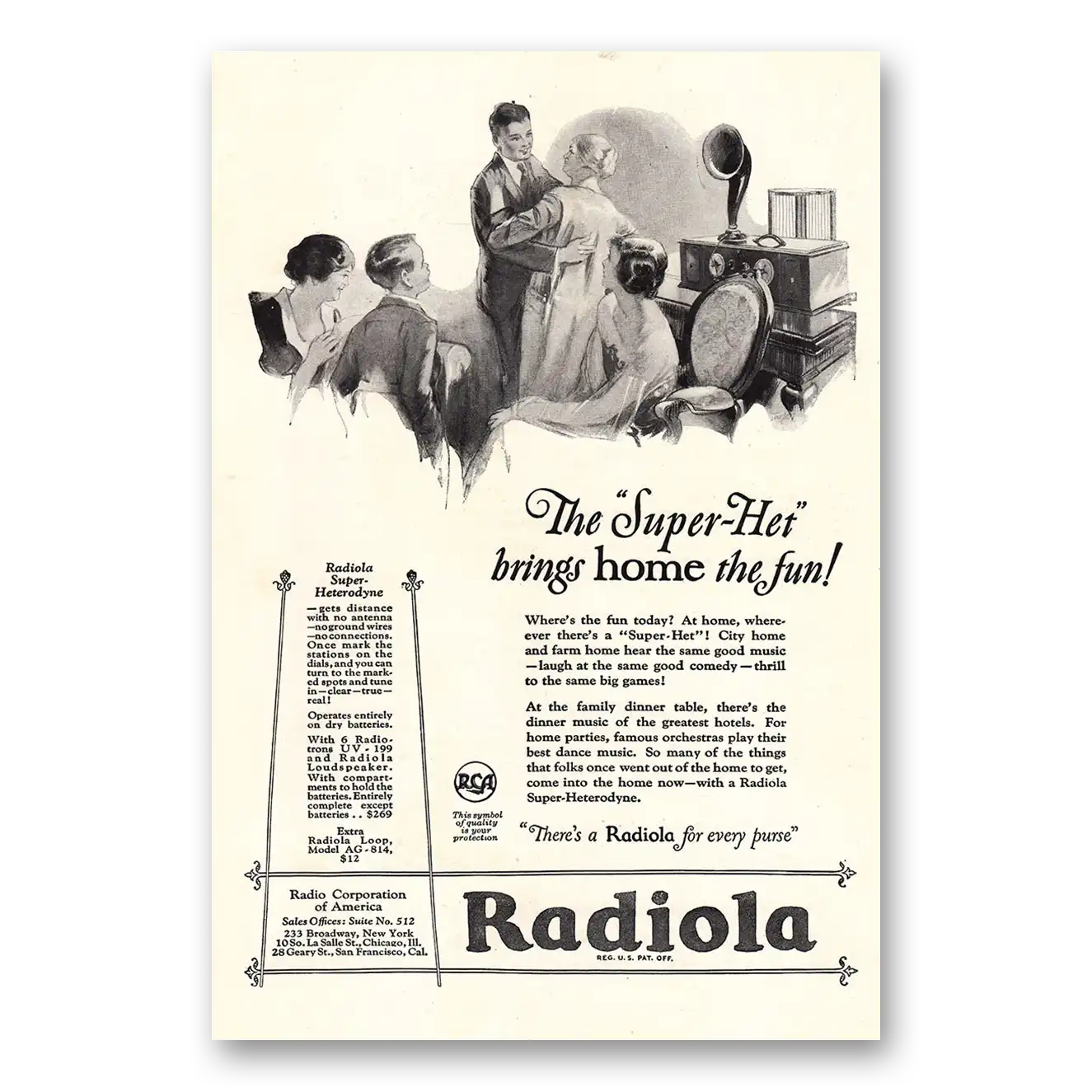 1925 RCA Radiola Radio Super Het Brings Home the Fun Vintage Magazine Print Ad