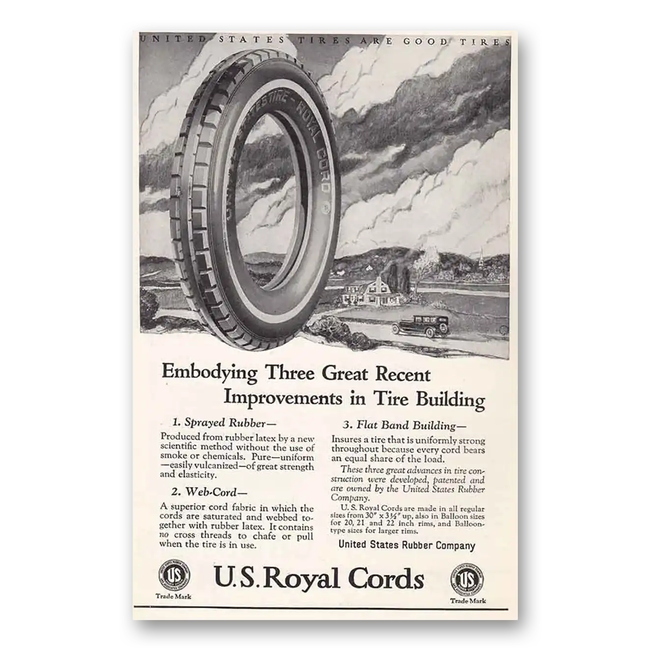 1925 US Royal Tires Embodying Three Great Recent Vintage Magazine Print Ad