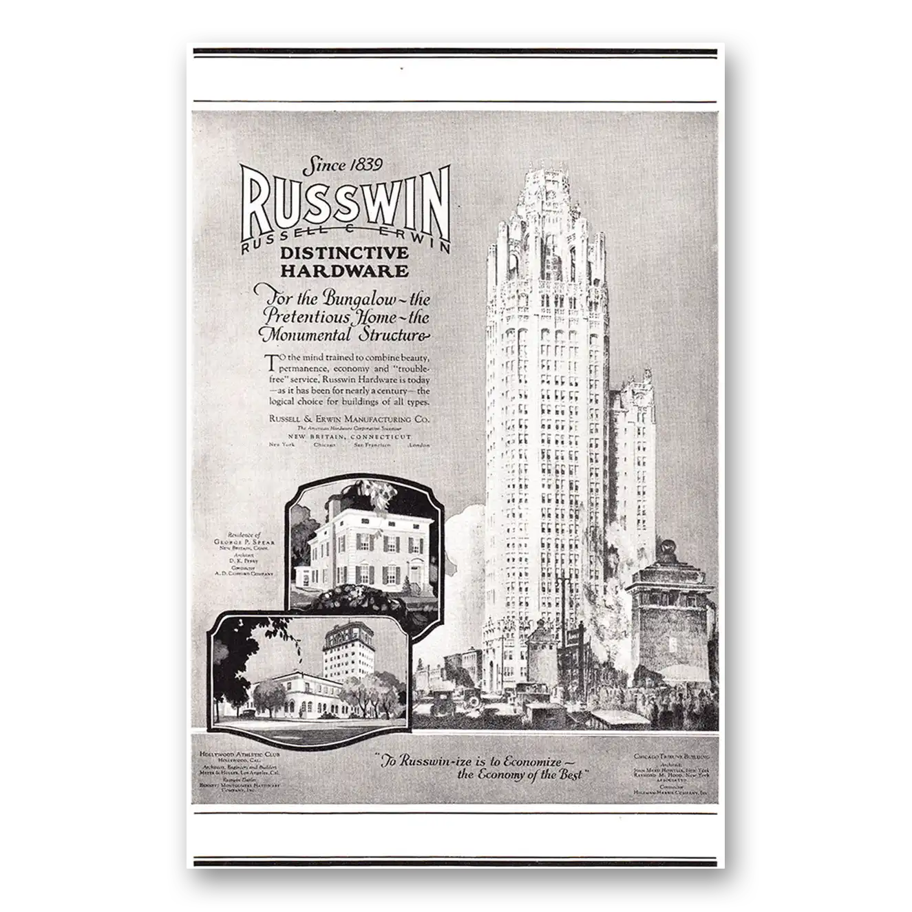 1925 Russwin Hardware Chicago Tribune Hollywood Athletic Club Vintage Magazine Print Ad