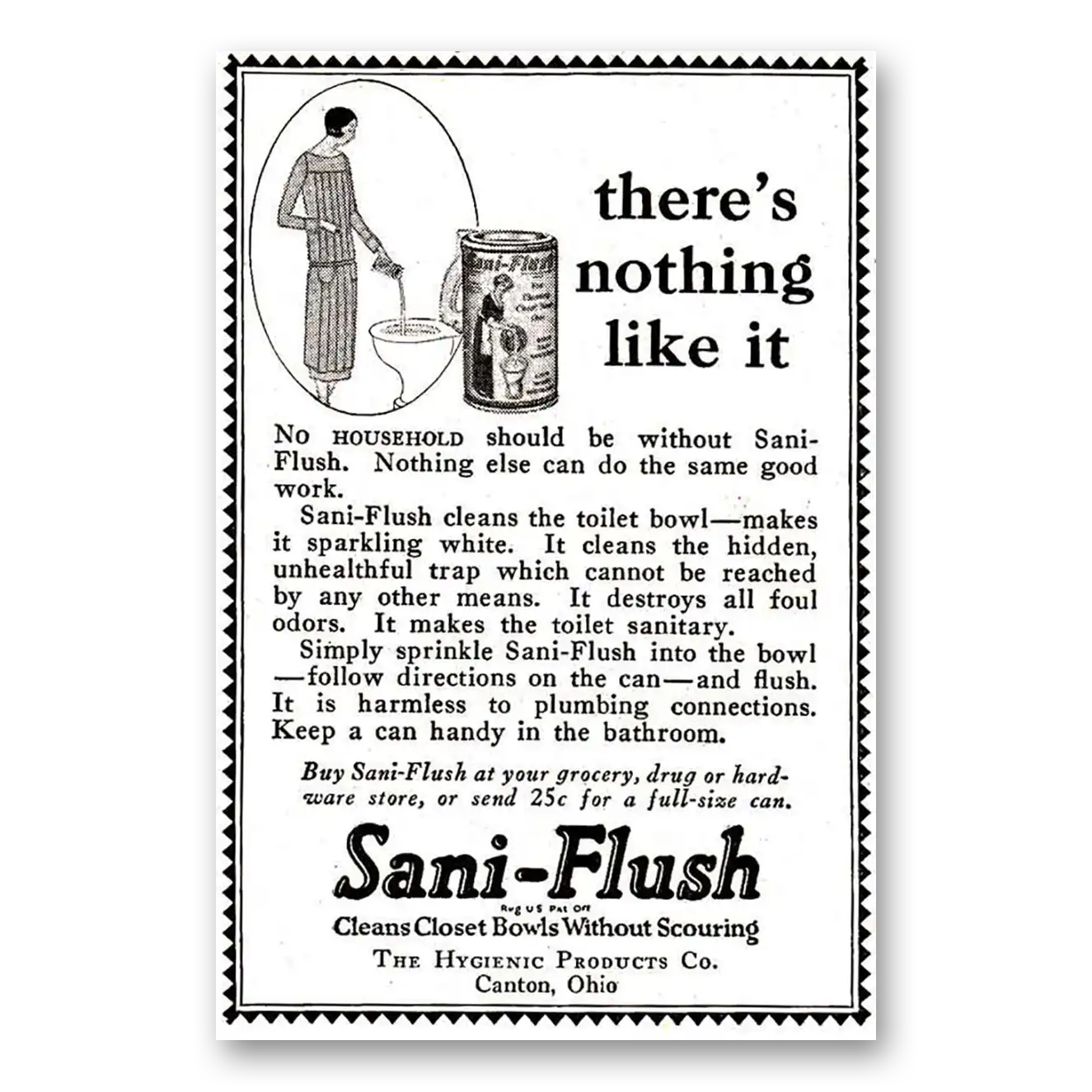 1925 Sani Flush Nothing Like It Vintage Magazine Print Ad