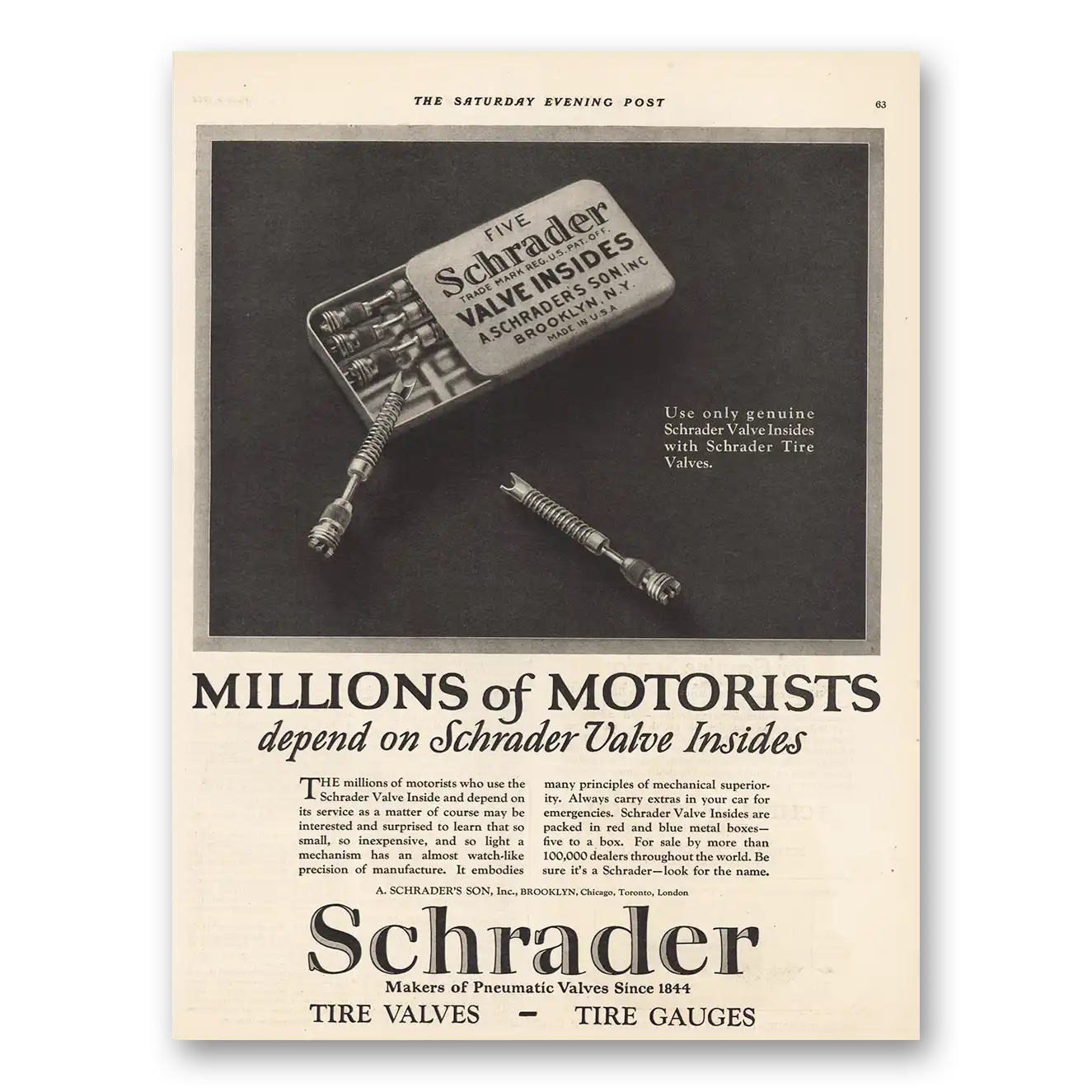 1925 Schrader Tire Valves Millions of Motorists Vintage Magazine Print Ad