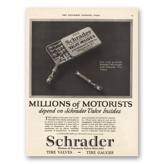 1925 Schrader Tire Valves Millions of Motorists Vintage Magazine Print Ad