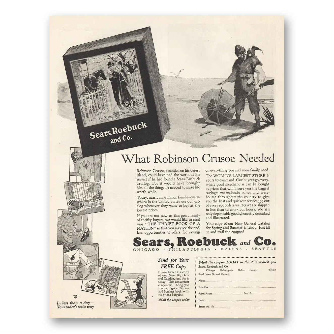 1925 Sears Roebuck and Co What Robinson Crusoe Needed Vintage Magazine Print Ad