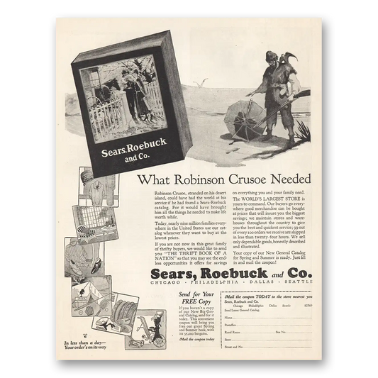 1925 Sears Roebuck and Co What Robinson Crusoe Needed Vintage Magazine Print Ad