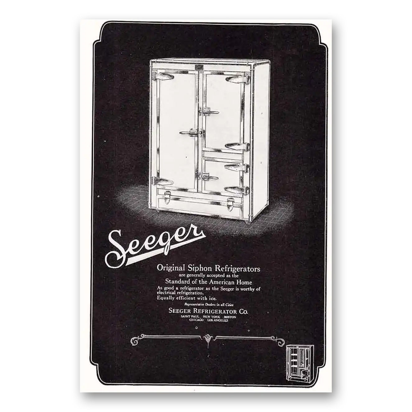 1925 Seeger Refrigerator Original Siphon Refrigerators Vintage Magazine Print Ad