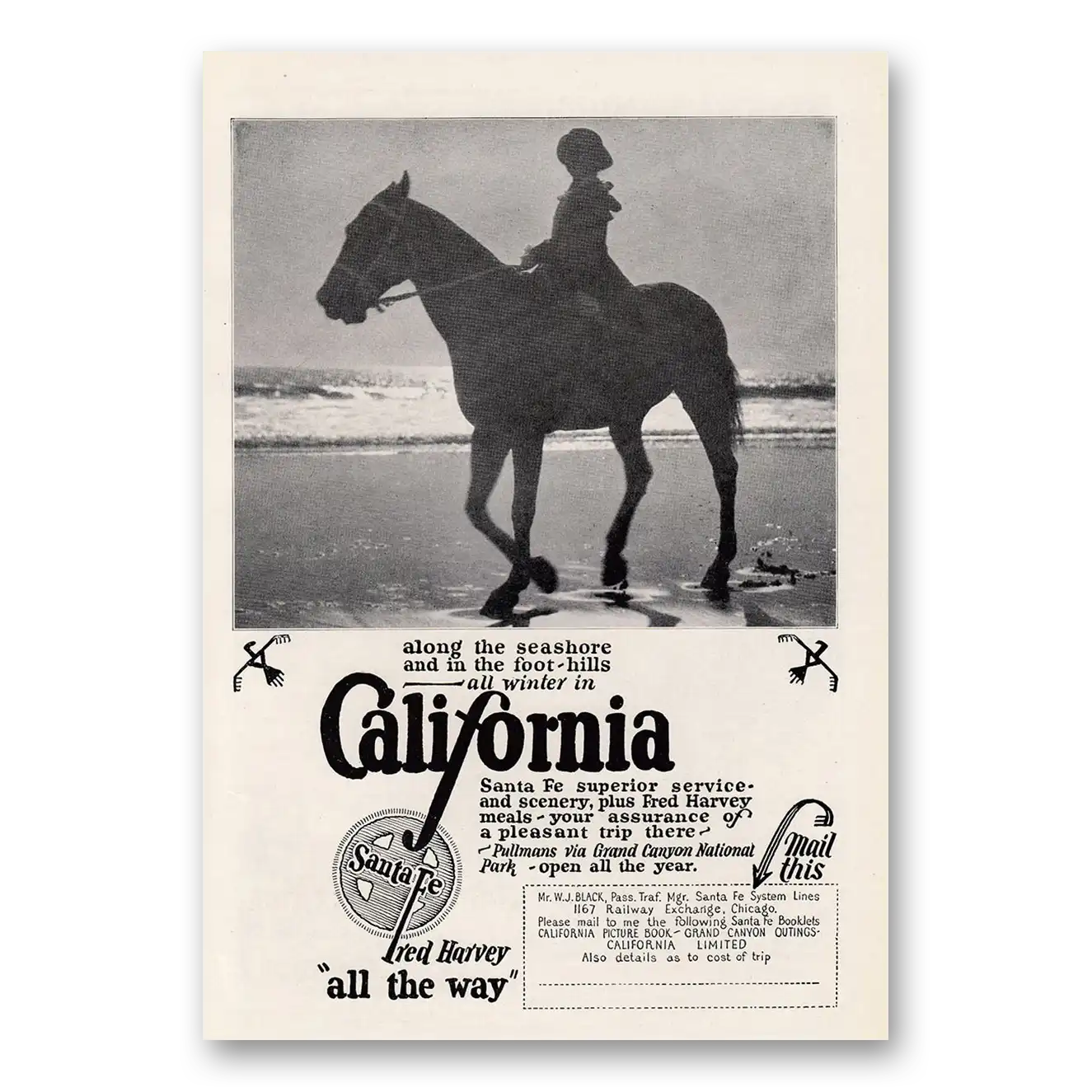 1925 Santa Fe Railway Along the Seashore and In the Foothills Vintage Magazine Print Ad