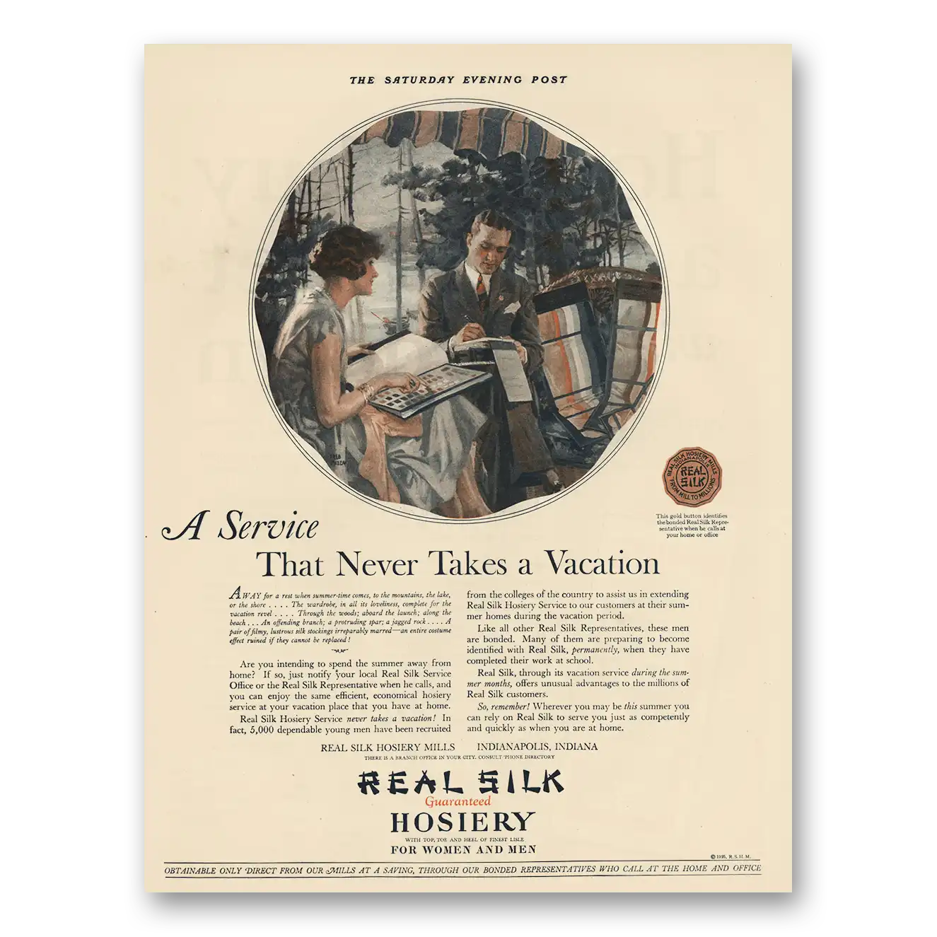 1925 Real Silk Hosiery Service Never Takes Vacation Vintage Magazine Print Ad