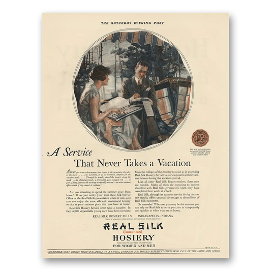 1925 Real Silk Hosiery Service Never Takes Vacation Vintage Magazine Print Ad