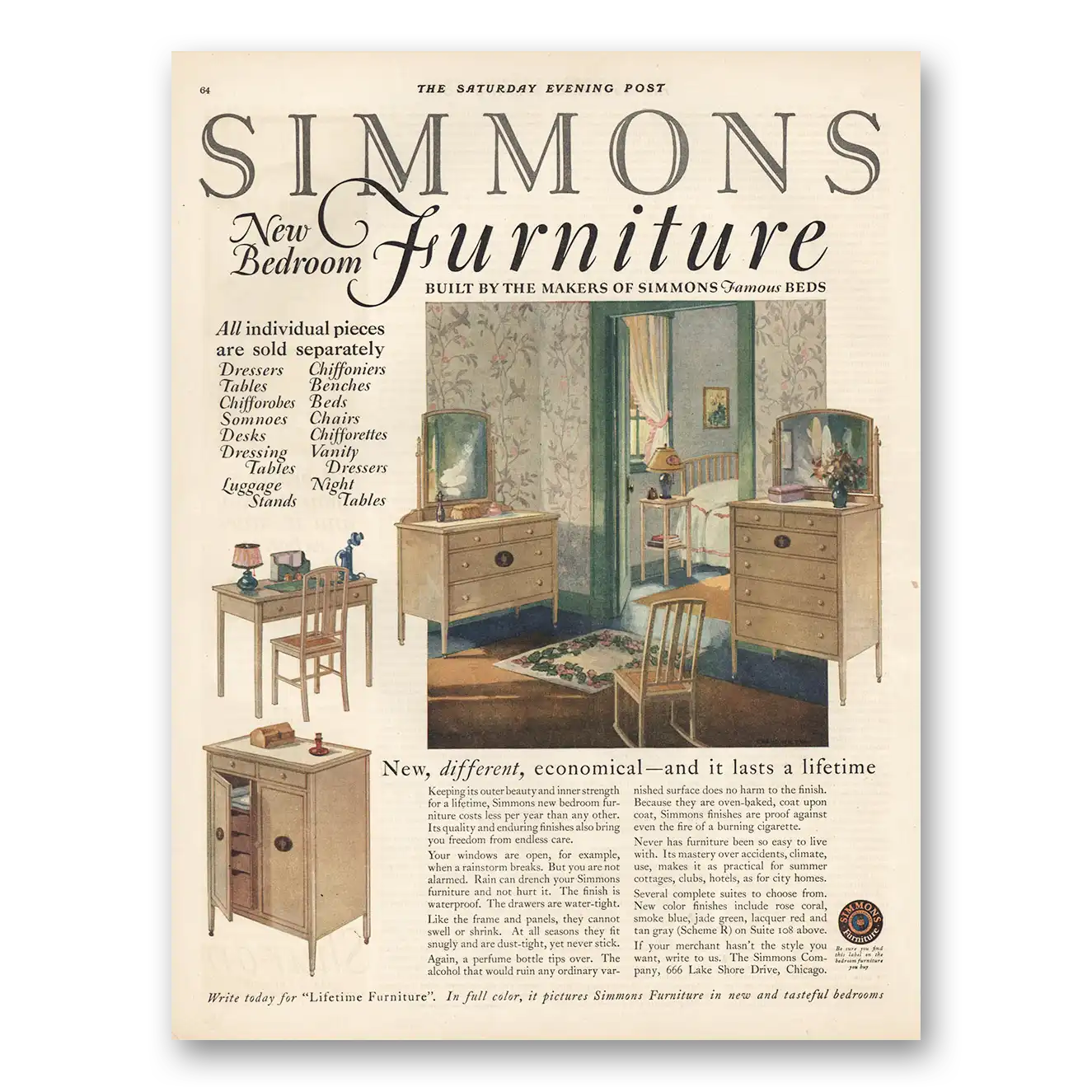 1925 Simmons Furniture New Bedroom Furniture Vintage Magazine Print Ad