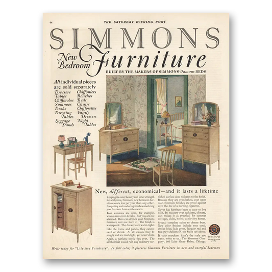 1925 Simmons Furniture New Bedroom Furniture Vintage Magazine Print Ad