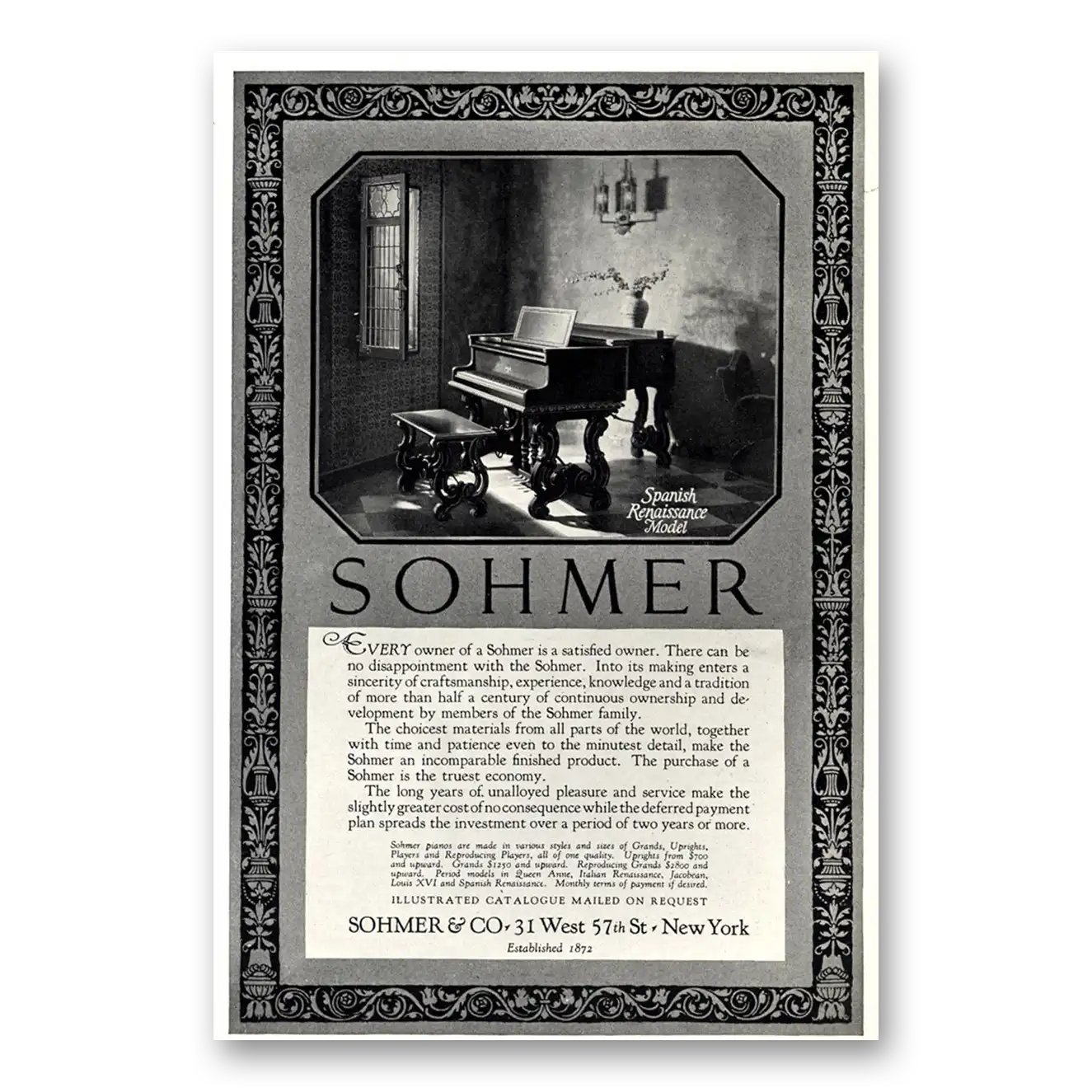 1925 Sohmer Piano Spanish Renaissance Model Vintage Magazine Print Ad