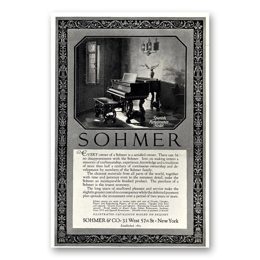 1925 Sohmer Piano Spanish Renaissance Model Vintage Magazine Print Ad