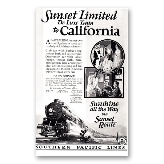 1925 Southern Pacific Sunset Limited DeLuxe Train Vintage Magazine Print Ad