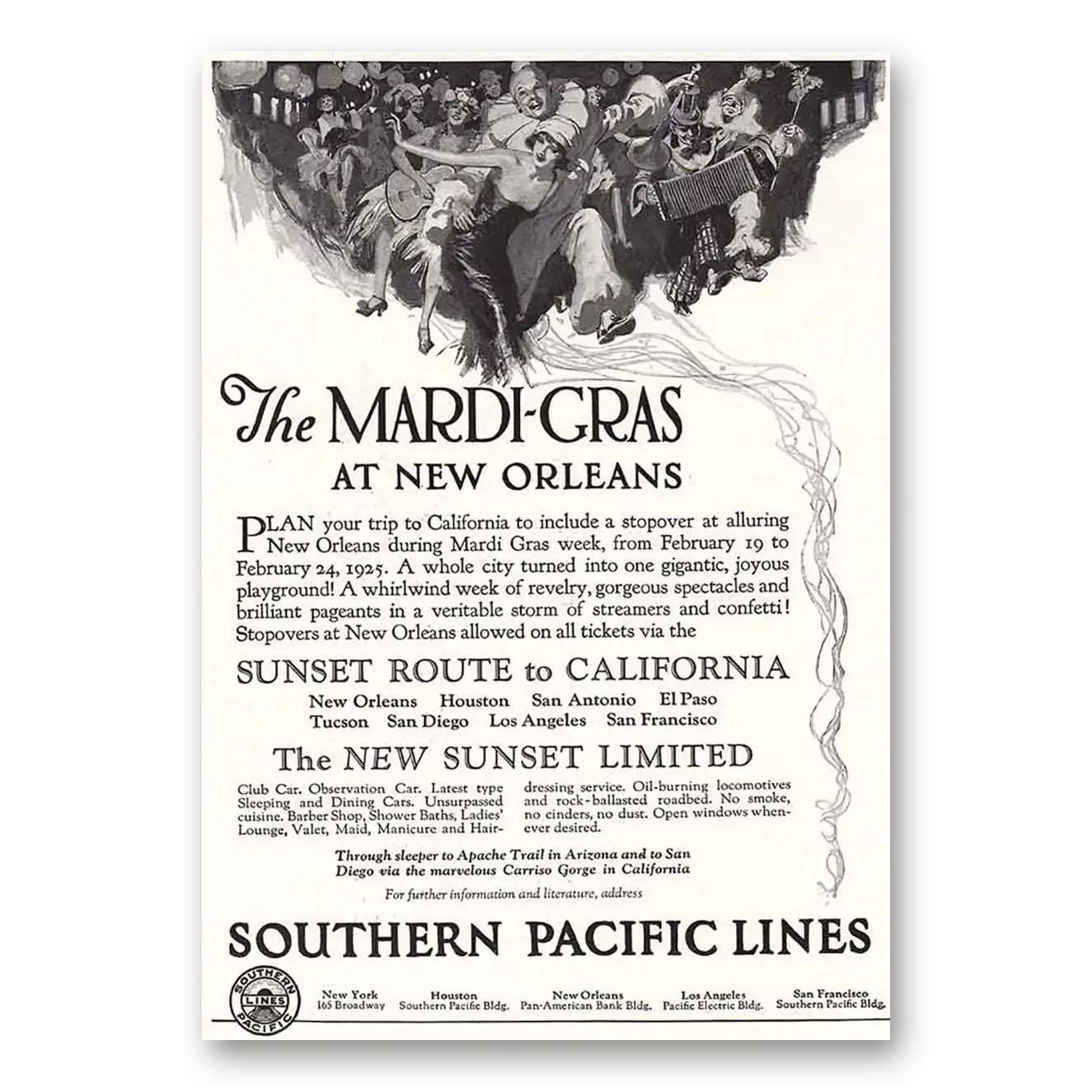 1925 Southern Pacific Mardi Gras at New Orleans Vintage Magazine Print Ad