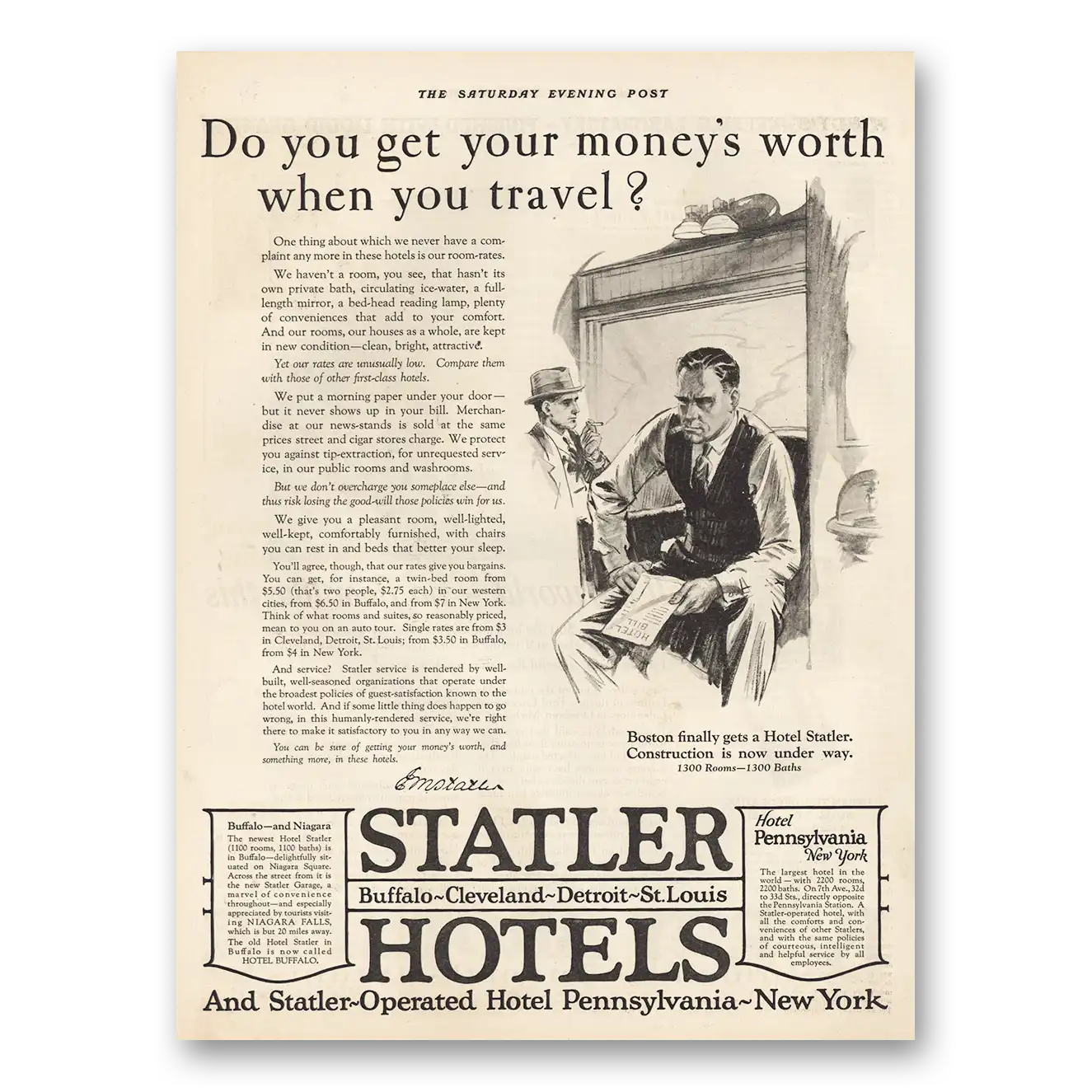 1925 Statler Hotels Moneys Worth Travel Vintage Magazine Print Ad