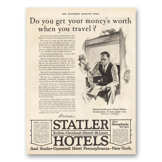 1925 Statler Hotels Moneys Worth Travel Vintage Magazine Print Ad