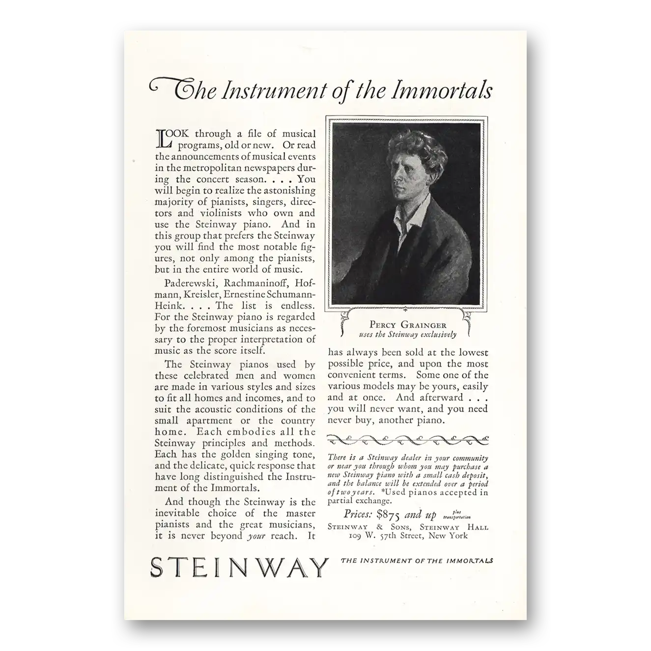 1925 Steinway Piano Percy Grainger Vintage Magazine Print Ad