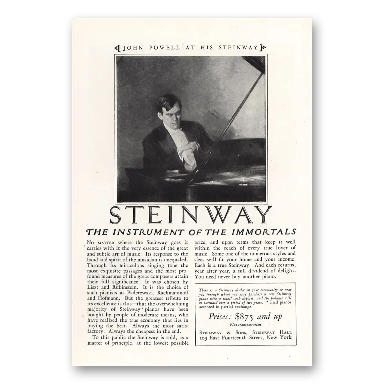 1925 Steinway Piano John Powell Vintage Magazine Print Ad