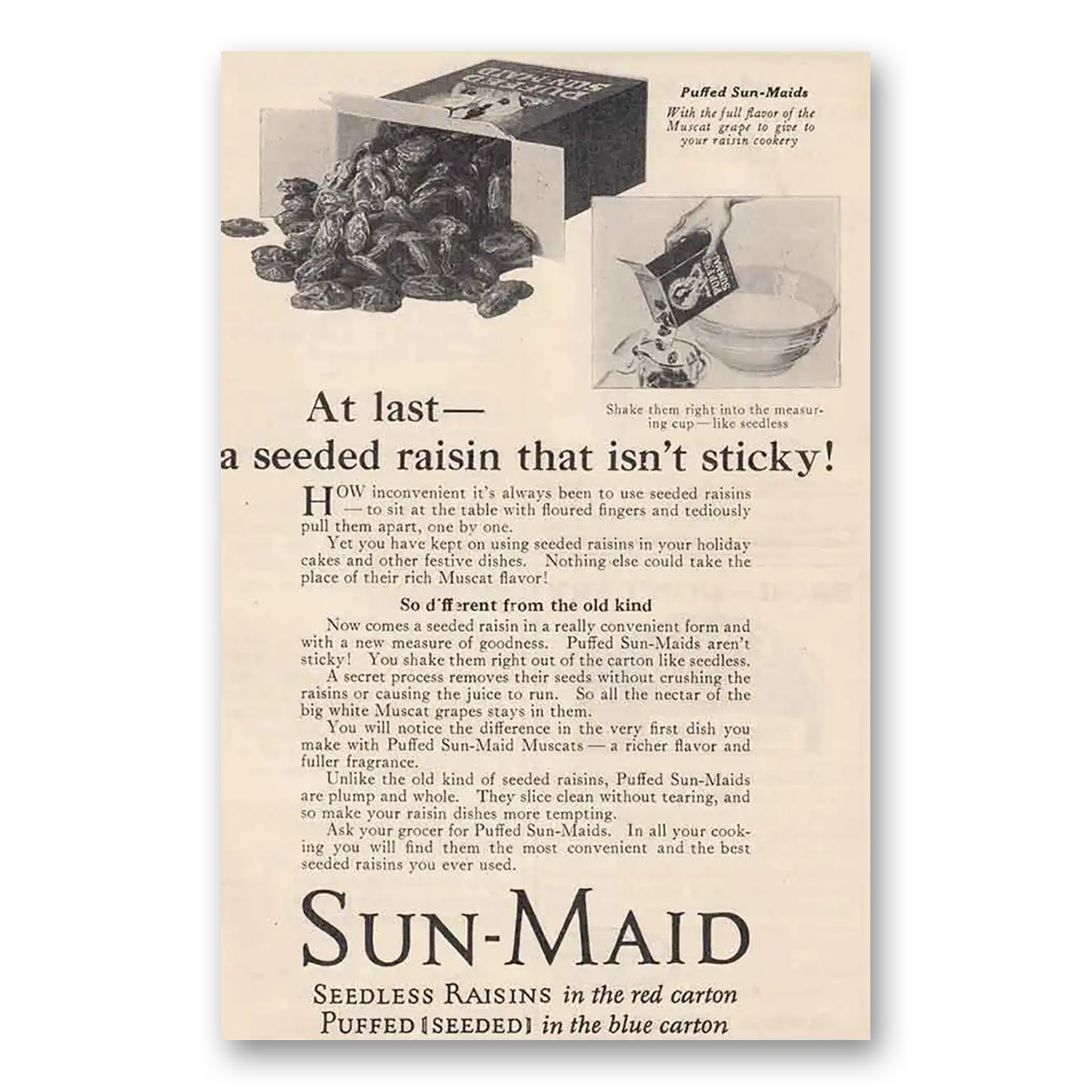 1925 Sun Maid Raisins  A Seeded Raisin that Isn't Sticky Vintage Magazine Print Ad