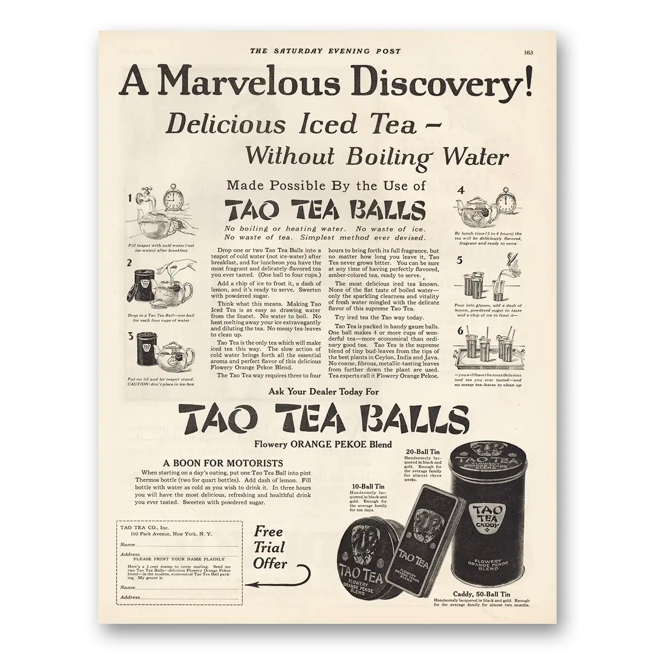 1925 Tao Tea Balls Marvelous Discovery Vintage Magazine Print Ad