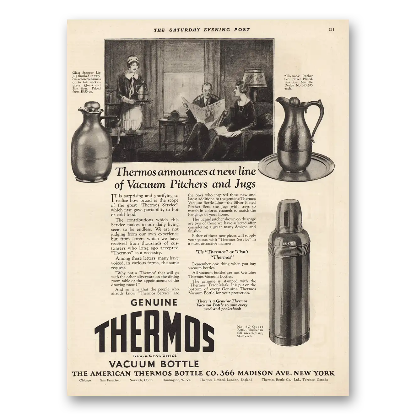 1925 Thermos Vacuum Bottle Announces a New Line Vintage Magazine Print Ad