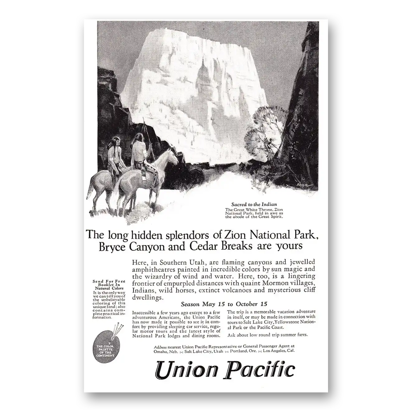 1925 Union Pacific Railroad Long Hidden Splendors of Zion National Park Vintage Magazine Print Ad