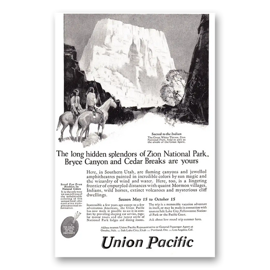 1925 Union Pacific Railroad Long Hidden Splendors of Zion National Park Vintage Magazine Print Ad