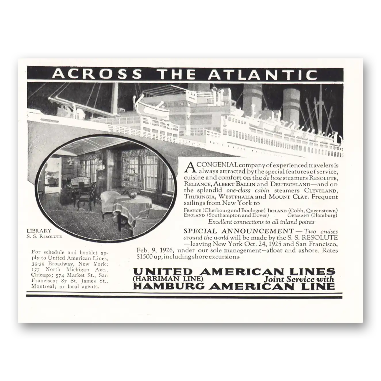 1925 United American Lines Across the Atlantic Vintage Magazine Print Ad