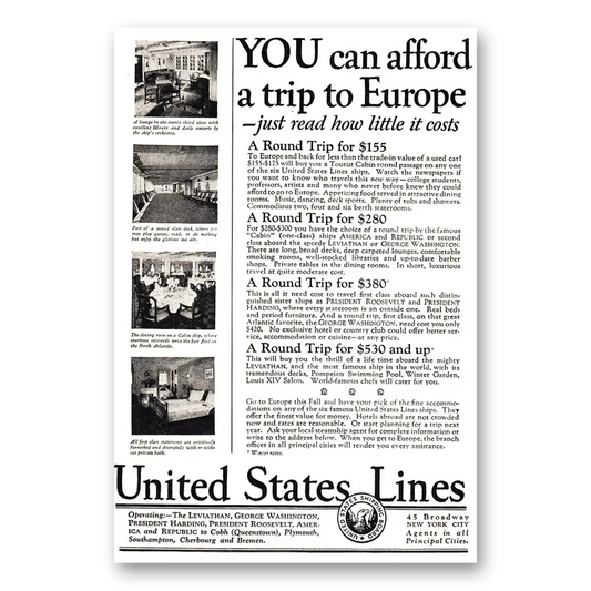 1925 United States Lines You Can Afford a Trip to Europe Vintage Magazine Print Ad