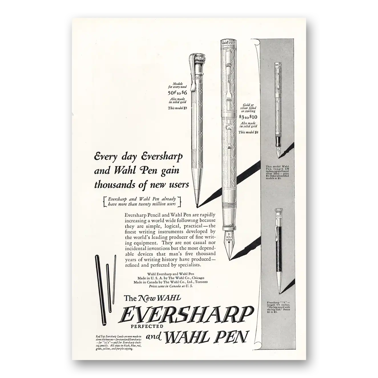 1925 Wahl Eversharp Gain Thousands of New Users Vintage Magazine Print Ad