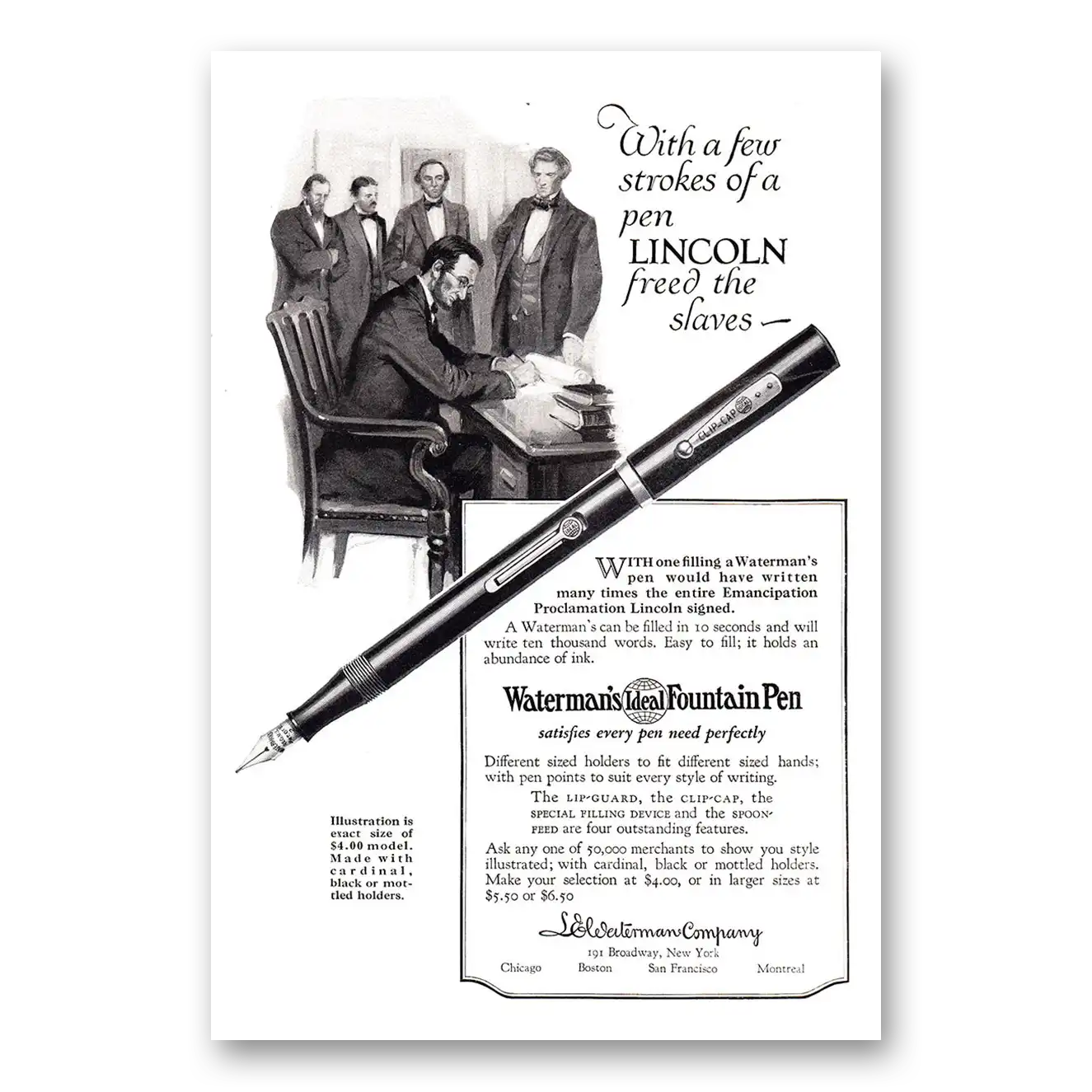 1925 Watermans Ideal Fountain Pen Lincoln Freed the Slaves Vintage Magazine Print Ad