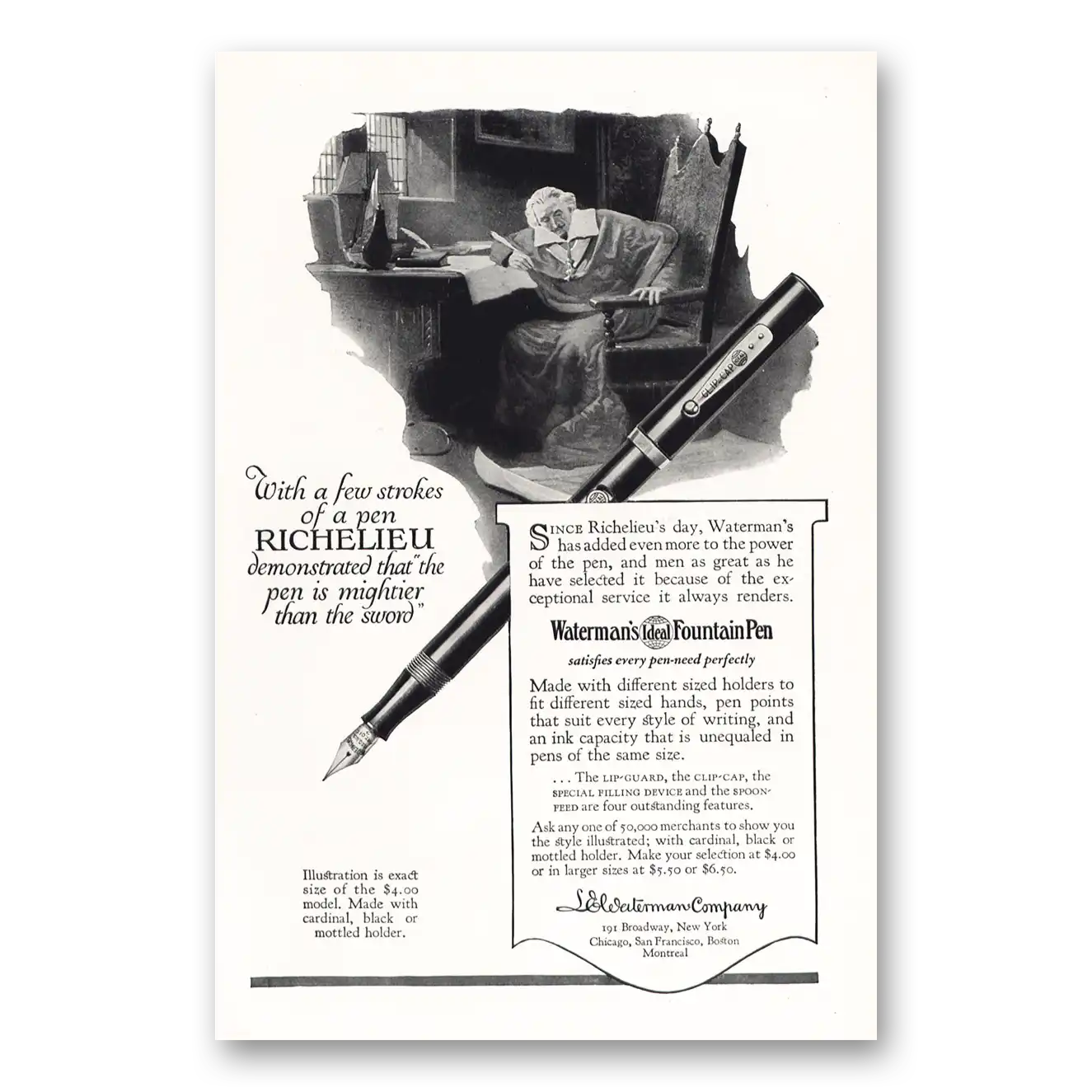 1925 Watermans Ideal Fountain Pen Richelieu Pen Is Mightier Than the Sword Vintage Magazine Print Ad