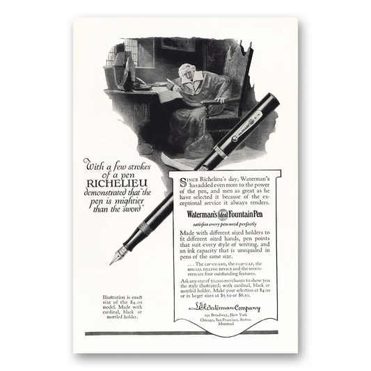 1925 Watermans Ideal Fountain Pen Richelieu Pen Is Mightier Than the Sword Vintage Magazine Print Ad