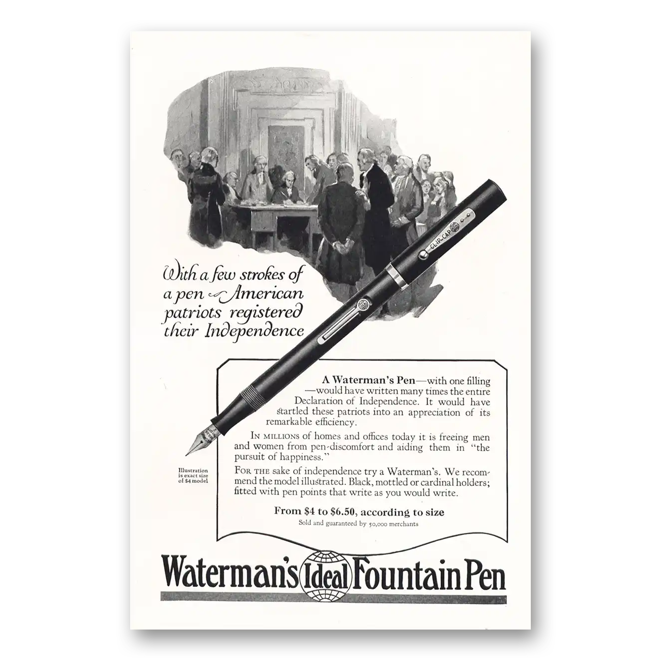 1925 Watermans Ideal Fountain Pen American Patriots Registered Their Independence Vintage Magazine Print Ad