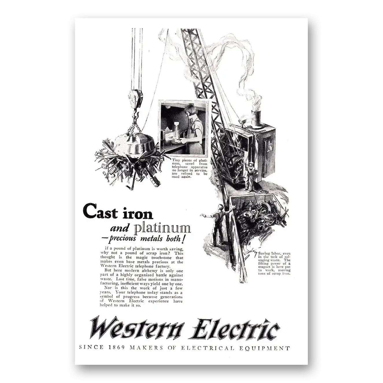 1925 Western Electric Cast Iron and Platinum Vintage Magazine Print Ad