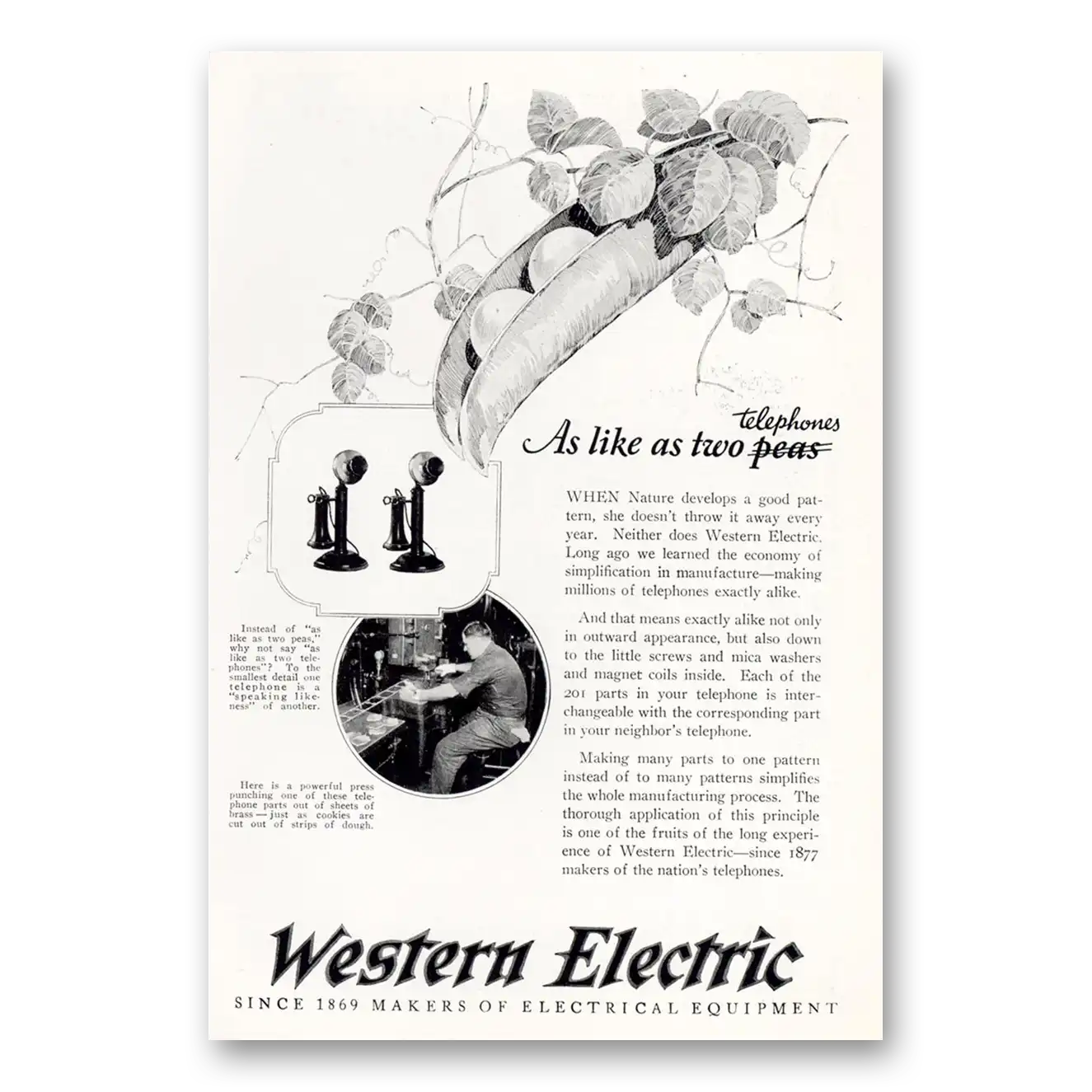 1925 Western Electric As Like As Two Peas Telephones Vintage Magazine Print Ad