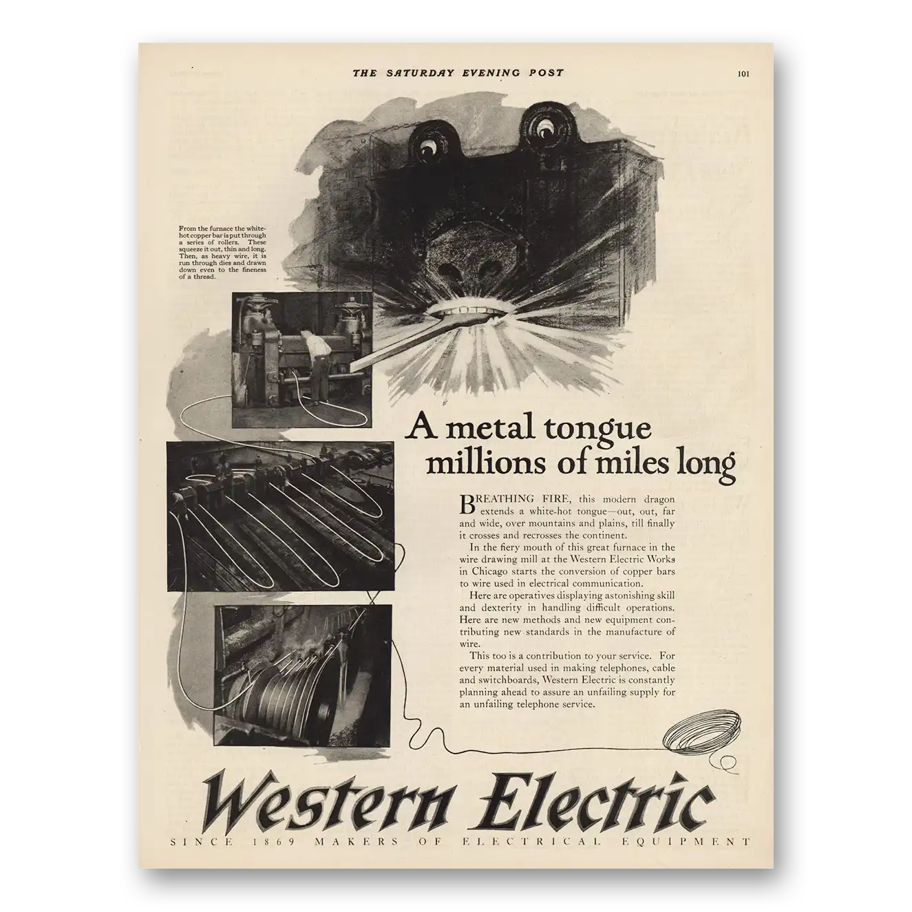 1925 Western Electric Metal Tongue Millions of Miles Long Vintage Magazine Print Ad