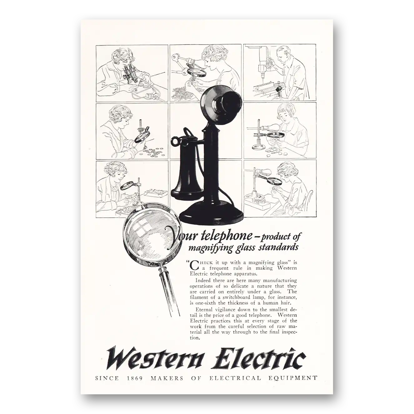 1925 Western Electric Your Telephone Product of Magnifying Glass Vintage Magazine Print Ad