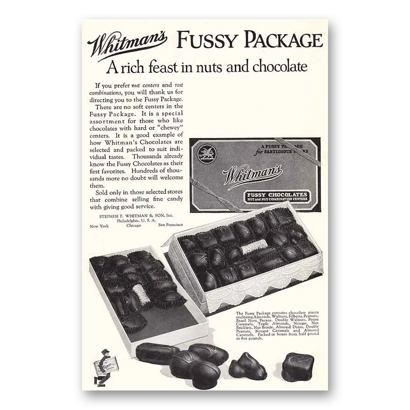 1925 Whitmans Chocolates Fussy Package Vintage Magazine Print Ad