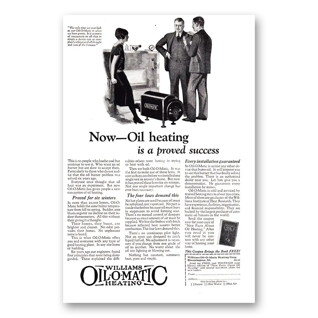 1925 Williams Oil-O-Matic Oil Heating Proved Success Vintage Magazine Print Ad